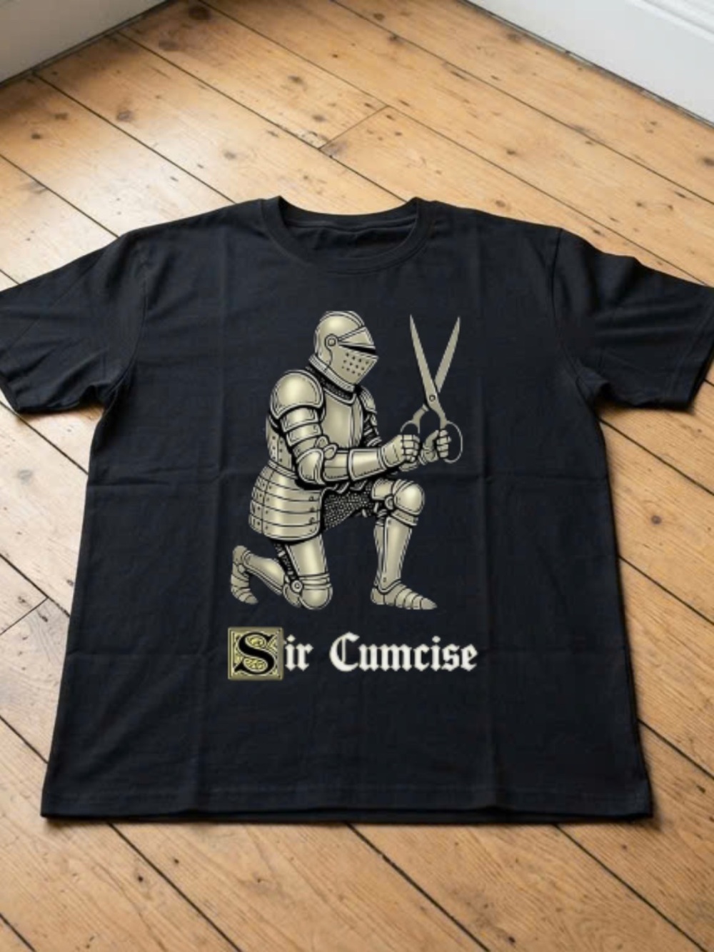 Gildan Black T-Shirt with Cream Knight 'Sir Cumcise' Graphic